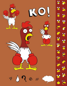 滑稽的鸡拳击手战斗机卡通表达式设置矢量格式很容易编辑