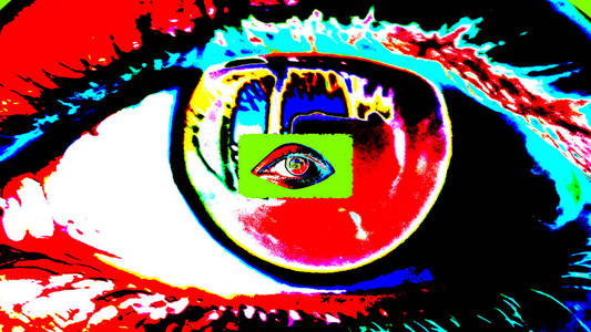 插图的一个大的人女性眼睛与黑暗的瞳孔, 五颜六色的虹膜和明亮的红色