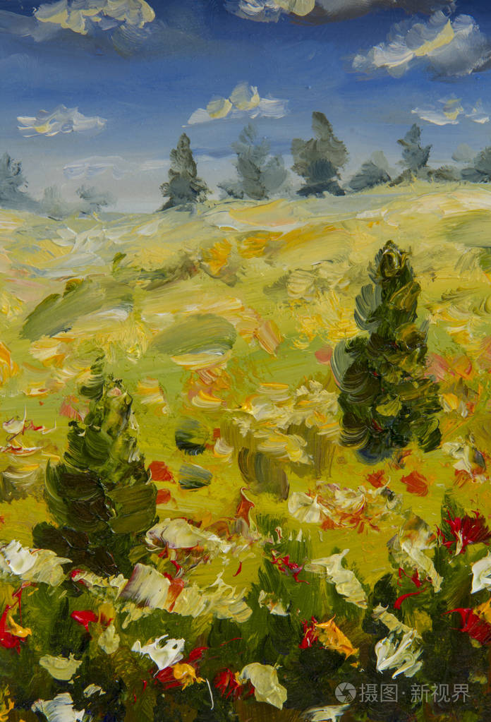 夏季山水画油画.自然调色板刀, impasto 印象派油画在帆布上