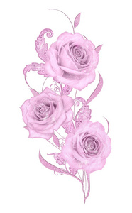 装饰装饰, 佩斯利元素, 精致的纹理叶子制成的精美花边和珍珠。宝石闪闪发亮的卷发, 线从珠子, 芽粉彩粉红色的玫瑰。镂空编织精致