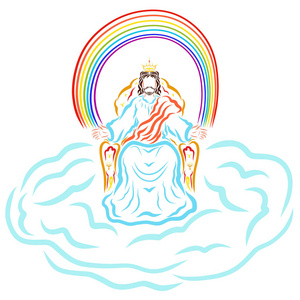 国王耶稣坐在云下的宝座上, 彩虹下照片