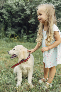 小可爱的金发女孩玩她的小狗金色猎犬在夏天在公园里