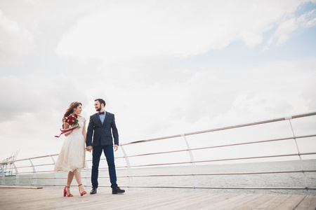 已婚的夫妇站在码头上的海景