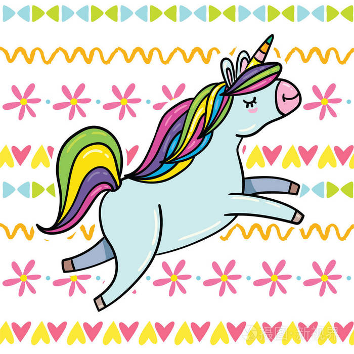 可爱的卡通儿童矢量插图与魔术麒麟马可爱的手画饰品插画-正版商用图