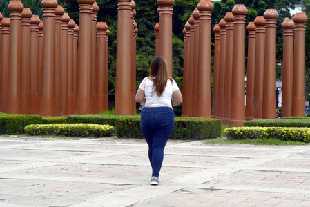 亚洲漂亮的笑脸脸胖女人姿势走路, 并持有一本小册子, 在公园的杆组
