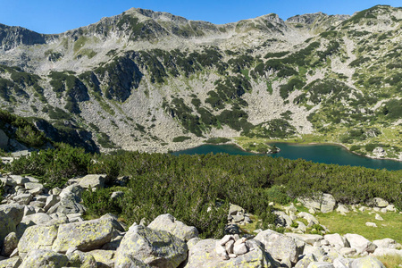 保加利亚 Pirin 山绿色丘陵和 Banderitsa 鱼湖景观