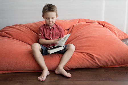 一个可爱的男孩正在沙发上看书。