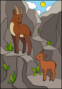 卡通动物。母亲与她的婴儿 ibex ibex