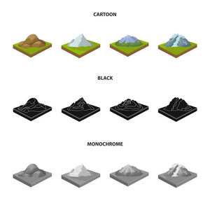 山, 岩石和风景。浮雕和山脉集合图标在卡通, 黑色, 单色风格等距矢量符号股票插画网站