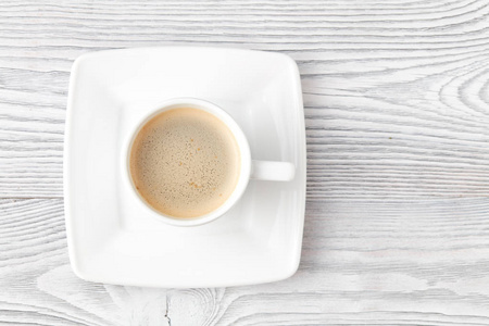 杯咖啡, 白色木质背景, 顶部视图