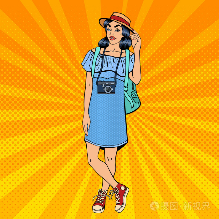 年轻漂亮的女游客带着相机和背包. 女导游