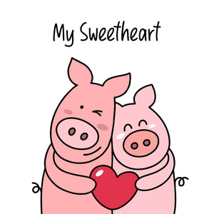 两个快乐的猪拥抱和微笑.我的甜心卡通平面矢量插画卡照片