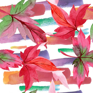五颜六色的秋叶以水彩的风格。无缝的背景图案。织物墙纸打印纹理。背景纹理包装图案框架或边框的水彩画叶
