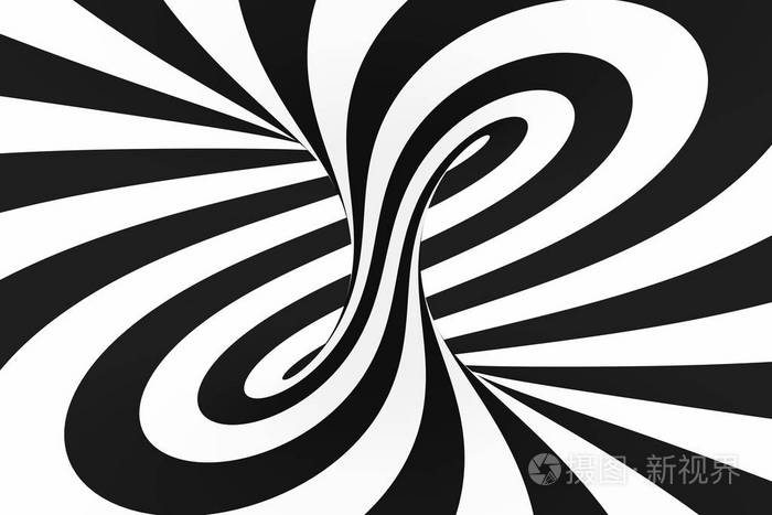 黑色和白色螺旋隧道条纹扭曲的催眠光学错觉抽象背景
