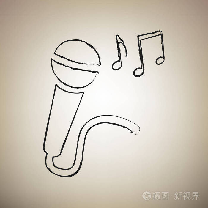 带有音乐笔记的麦克风符号.向量.画笔绘制黑色 ico