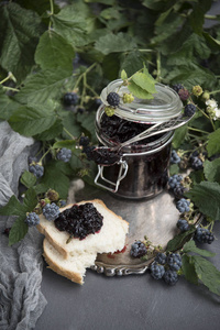 关闭黑莓果酱在玻璃罐子和新鲜的植物分支, 质朴的样式