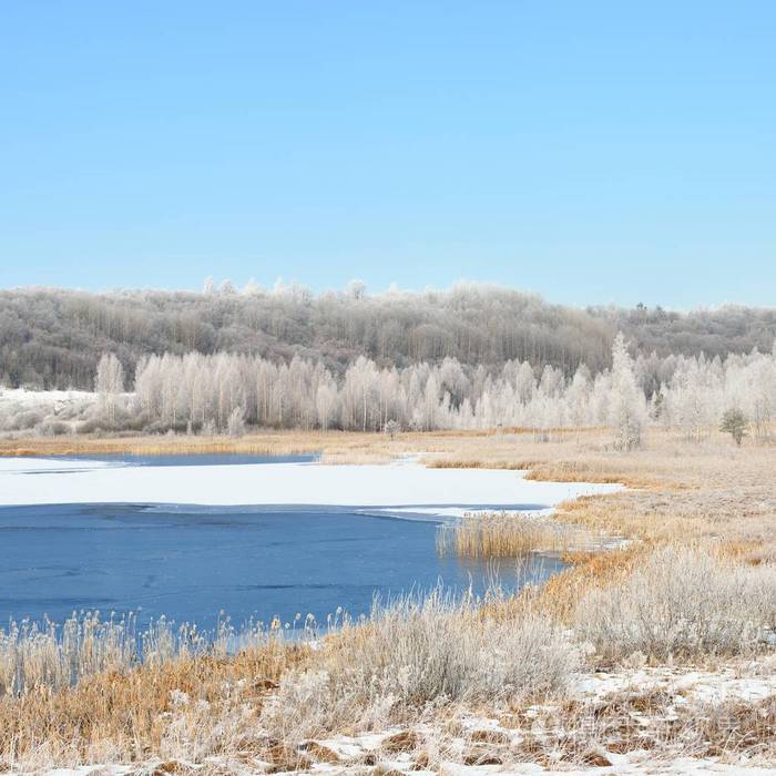 蓝色冰的湖雪草甸和森林包围所述雾凇.俄罗斯的冬天