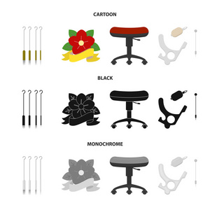 椅子上的滚筒, 针的纹身和其他设备。纹身集合图标在卡通, 黑色, 单色风格矢量符号股票插画网站