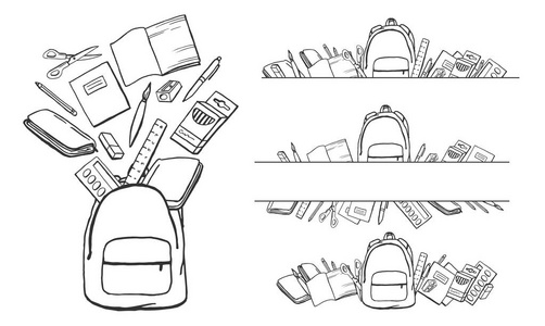 文具收藏:有课本的书包,铅笔,钢笔,铅笔,刷子和铅笔盒