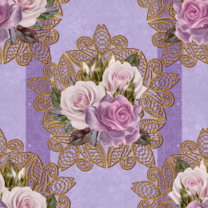 模式，无缝。旧样式。鲜花和柔和的粉红色玫瑰的香味。花卉的背景。细织 花边 马赛克