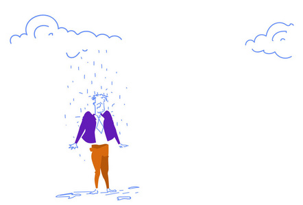 商人站在雨云下雨天问题无保护危机概念横向草图涂鸦