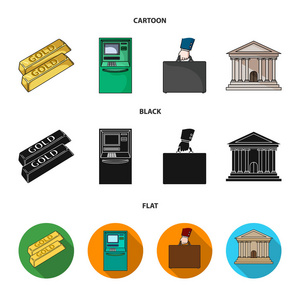 金条, Atm, 银行大楼, 一箱钱。货币和金融集合图标在卡通, 黑色, 平面式矢量符号股票插画网站