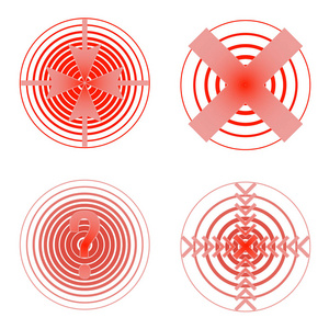 一套红色痛苦圆环。身体疼痛, 痛苦和身体紊乱, 苦恼, 伤害, 疾病的象征。矢量平式卡通插图在白色背景下被隔离