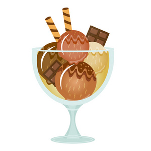 冰激淋甜点在一个玻璃杯子。奶昔含有巧克力的味道。矢量图