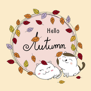 秋卡设计的情侣猫和树叶秋季矢量插图