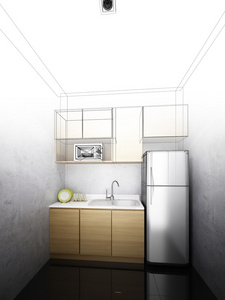 厨房及室内，3d 渲染的一个抽象的剪影设计