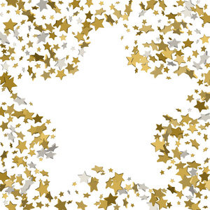 框架的黄色闪亮的小星星，星星纸屑孤立在白色背景上