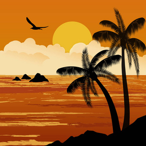 美丽的热带日落与棕榈树, 矢量例证