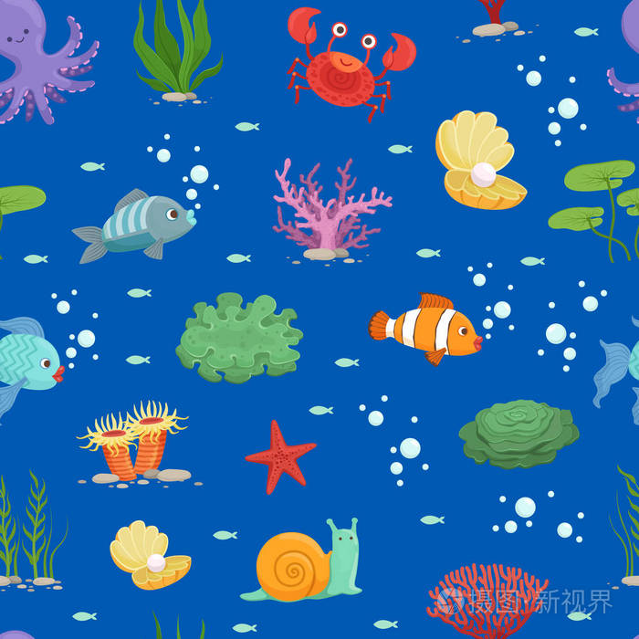矢量卡通水下生物和海藻图案或背景插图插画 正版商用图片0s1lq2 摄图新视界