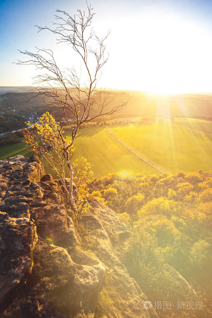 冥想在柔和的光在德国萨克森瑞士国家公园接近德累斯顿.