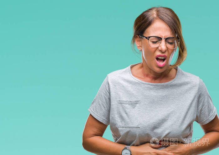 在与世隔绝的背景下, 手放在胃部, 因为消化不良, 痛苦的疾病感觉不适