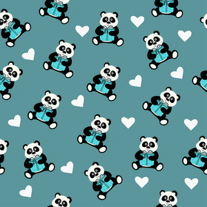 惊人的野生动物可爱的卡通熊猫,爪子里抱着一颗心.