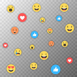 喜欢和心脏和 emoji 表情图标。实时流视频, 聊天, 喜欢, emoji 表情。移情 emoji 表情反应。社会网蓝色拇指象