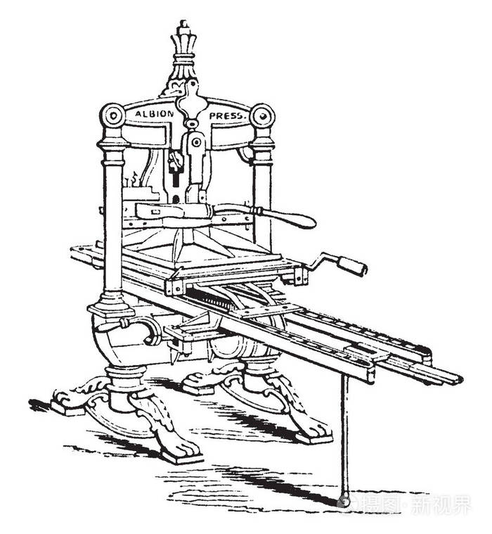 本插图代表用于印刷,复古线绘制或雕刻插图的西布朗印刷机.