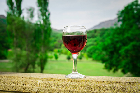 户外野餐设置与葡萄酒或葡萄酒在阳台上的绿色领域和山脉的背景。选择性聚焦