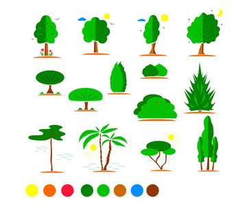 树形图标集。向量。平坦的风格。元素标识。自然例证。丰富多彩