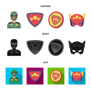 人, 面具, 斗篷, 和其他网页图标的卡通, 黑色, 扁平风格。服装, 超人, superforce, 图标集合收藏