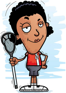 一个黑人女子曲棍球运动员看起来自信的卡通插图