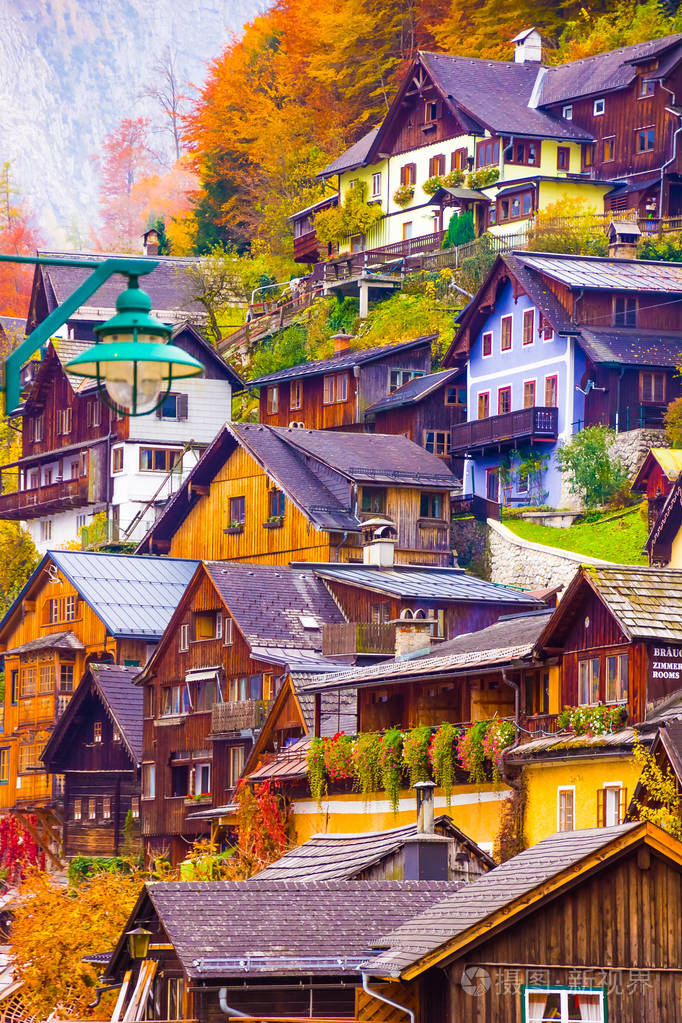 风景如画, 华丽的景色哈尔施塔特镇场景, unsesco, 奥地利, 萨尔茨卡