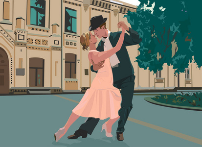 一个美丽的情侣跳舞华尔兹的矢量插图照片