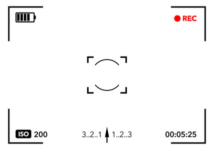 矢量插图相机取景器与数字对焦和曝光相机设置.屏风摄影架照片