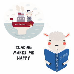手绘矢量插图一个可爱的滑稽的羊读一本书与引述阅读使我快乐孤立的白色背景。斯堪的纳维亚风格的平面设计。儿童的概念打印