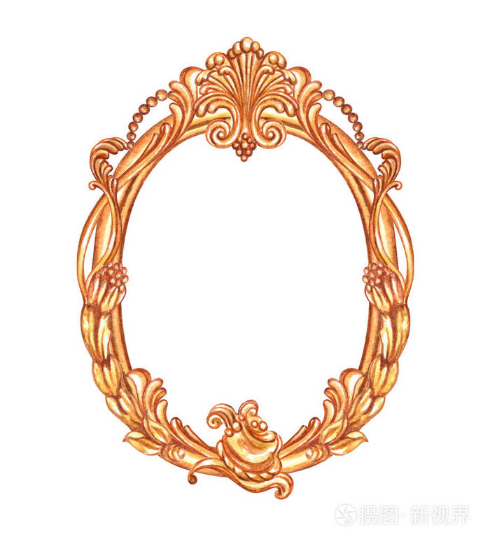 金色椭圆形框架与巴洛克式图案, 水彩画在白色背景, 孤立