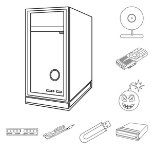 用于设计的集集合中的个人计算机大纲图标。设备和附件矢量符号库存图