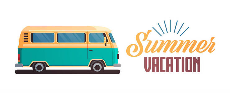 夏日假期冲浪巴士复古冲浪老式贺卡水平横幅与刻字模板海报平面