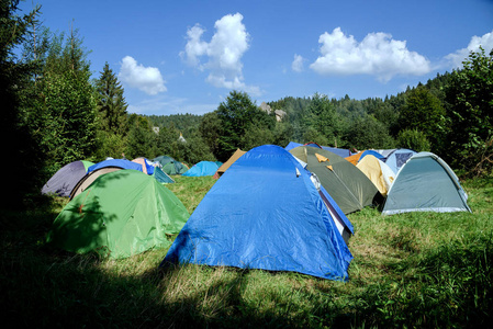 日出时在绿色草地上的旅游帐篷。露营背景